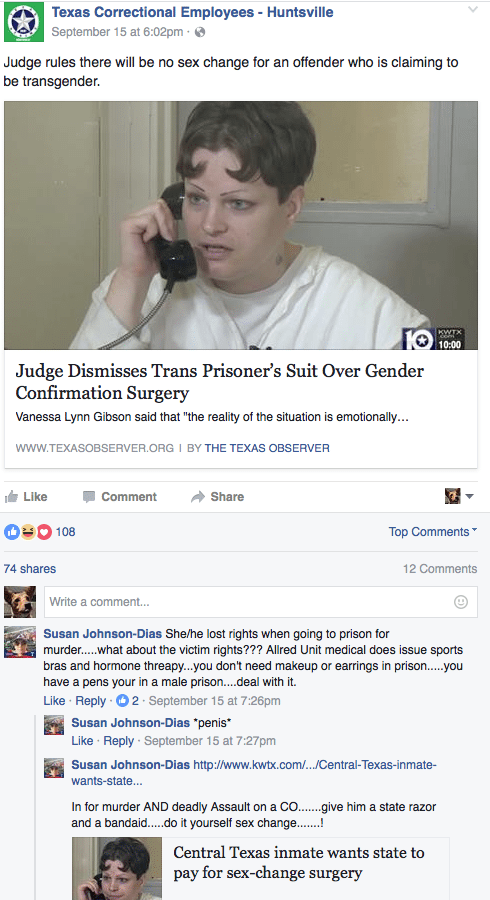 Online Posts Appear to Show TDCJ Officers Threatening Trans Prisoner