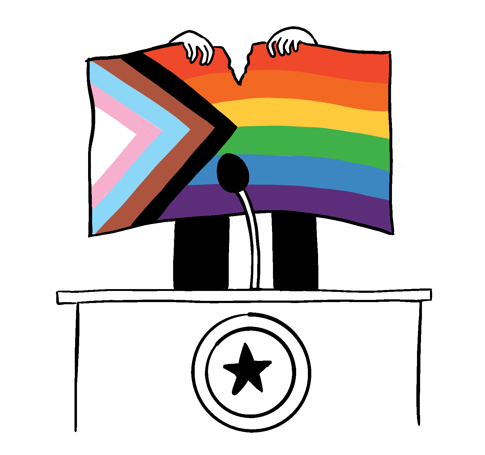 A cartoon lawmaker standing behind a Lone Star podium tears a Progressive Pride flag in half.